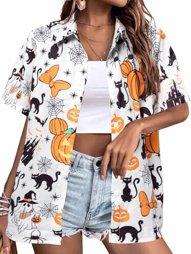 Woman wearing a Halloween-themed shirt with pumpkins and cats.