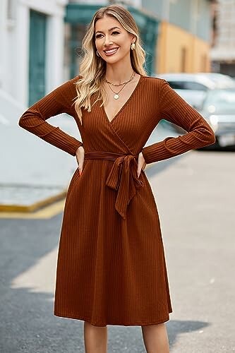 Woman in brown dress standing on the street